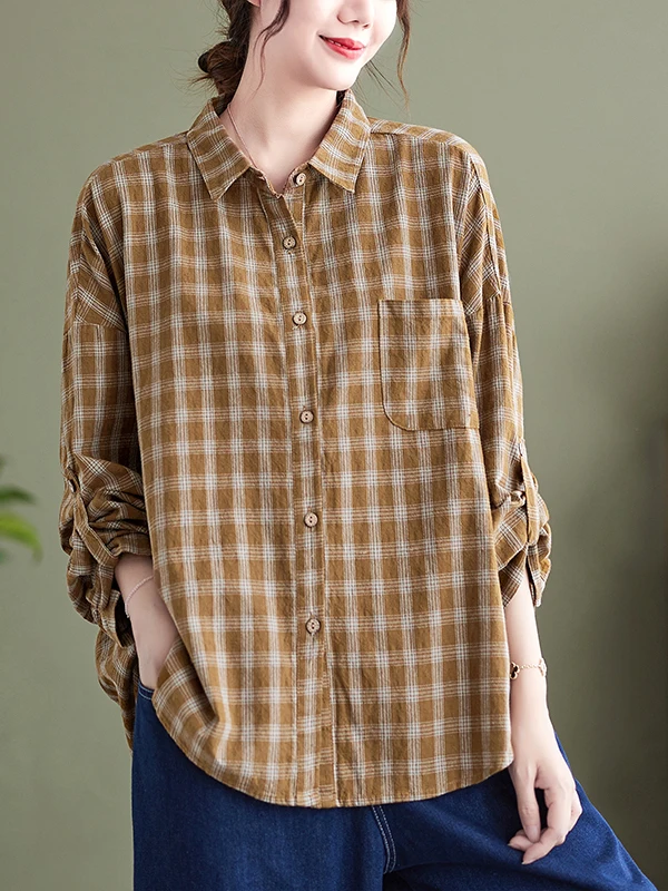 

Large Size Pure Cotton Plaid Long Sve irt Women's Casual Autumn Faion Age-Defng Slimming Meat Concealing Top