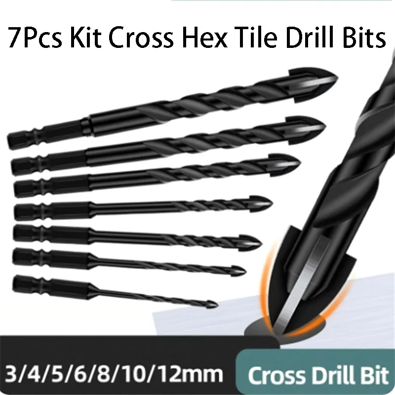 7 Stuks Cross Hex Tegel Boren Kit Antislip 3/4/5/6/8/10/12mm Driehoek Bit Beton Boren Harde Legering Bit Gat Opener Gereedschap