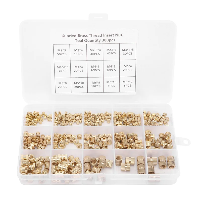 

CMHI-380Pcs Thread Inserts M2 M2.5 M3 M4 M5 M6 Metric Female Thread Brass Knurled Threaded Embedment Nuts Assortment Kit