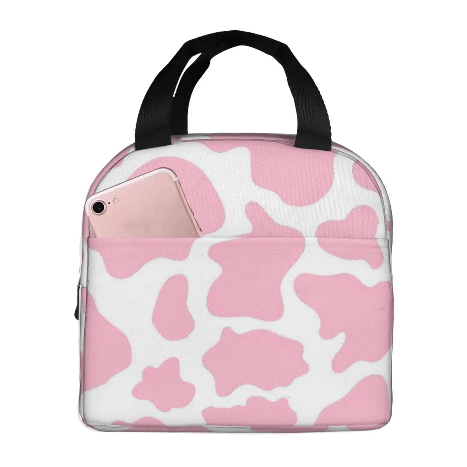 Pink Cow Animal Print Insulated Lunch Bag for School Waterproof Cooler Thermal Lunch Box Women Children Food Container Tote Bags