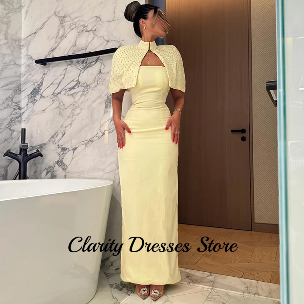 Yellow Soft Jersey Prom Gowns 2025  Luxury Crystal Strapless Homecoming Dresses Customized Back Slit Evening Dress with Shawl