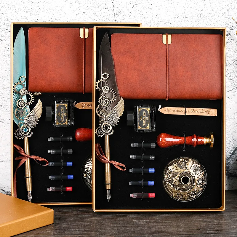 

New Notebook Fire Paint Seal Stationery Gifts Creative Retro Feather Pen Set With Ink Bag Custom Ink Extraction Tube Pen Feather