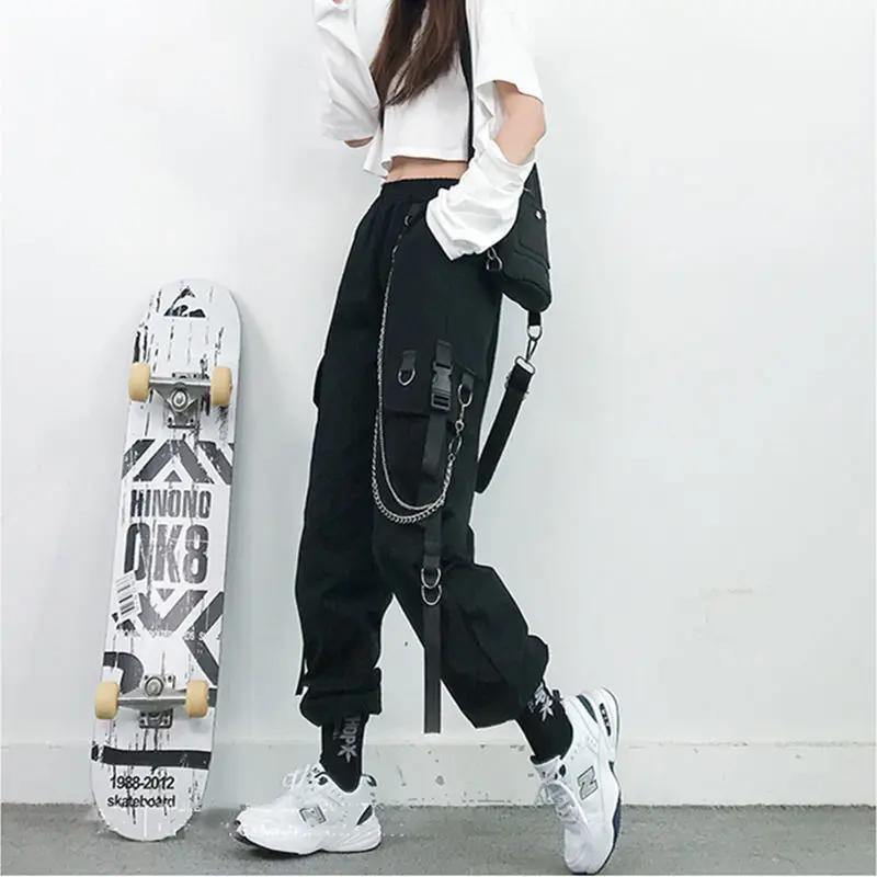 Calças de carga feminina 2023 harem calças moda punk bolsos jogger com corrente harajuku elásticos cintura alta streetwear