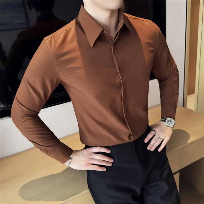 

High Quality Invisible Button up Stand Up Collar Shirt New Men Long Sleeve Slim Fit Casual Social Business Prom Shirts JJ55