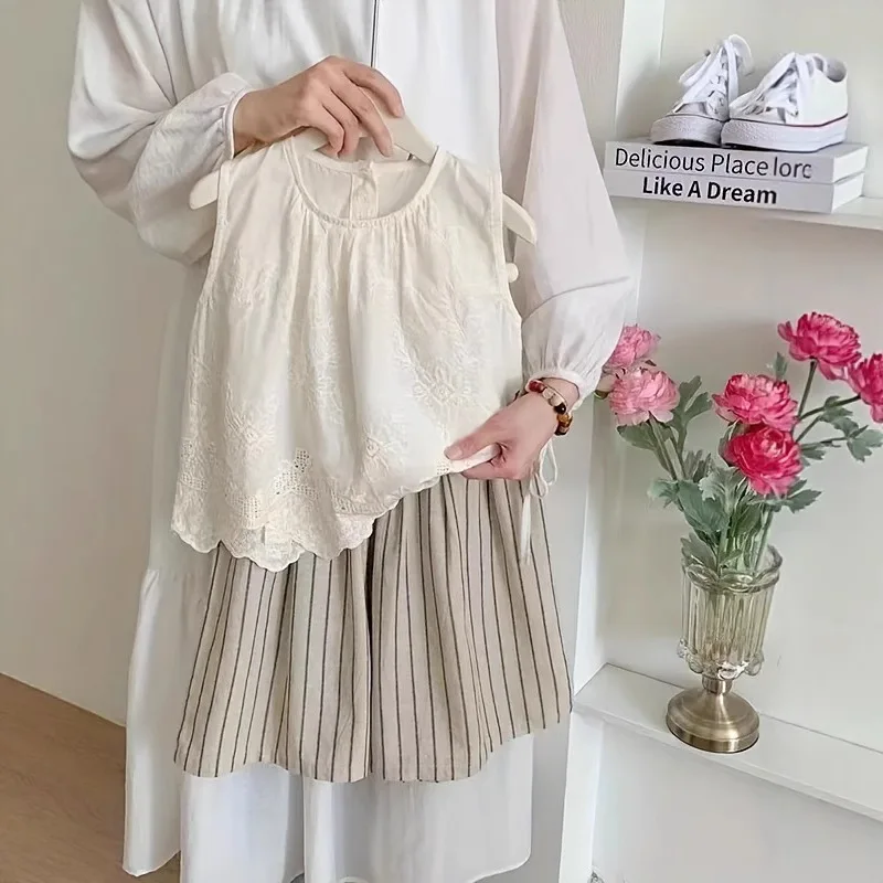 

Детские комплекты, комплект для маленьких девочек, кружевной жилет с вышивкой для девочек и широкие штаны, комплект из двух предметов, детская одежда