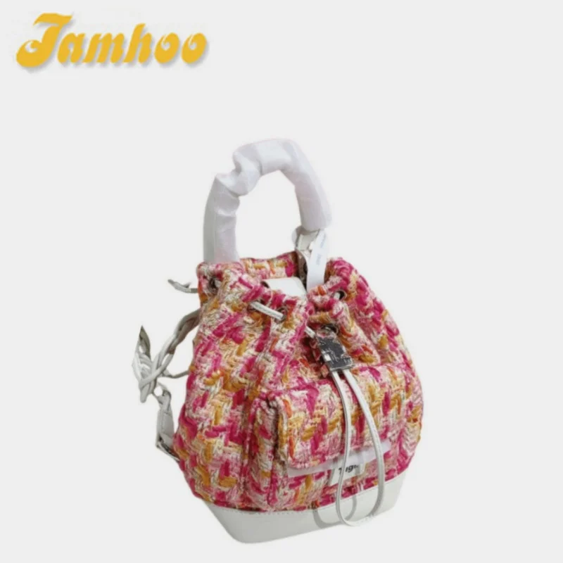 Jamhoo Premium Tweed Style Backpack Pearl Buckle Shoulder Bags For Women Fashionable Girl Ladies Handbag Luxury Bolsa Mochila