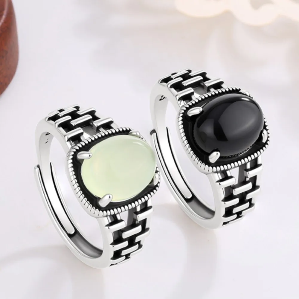 Anillos de plata de ley 925 PANJBJ para mujer, estilo vintage y retro, diseño sencillo con piedra negra, anillos anchos ajustables, joyería para fiestas, regalo, venta al por menor.