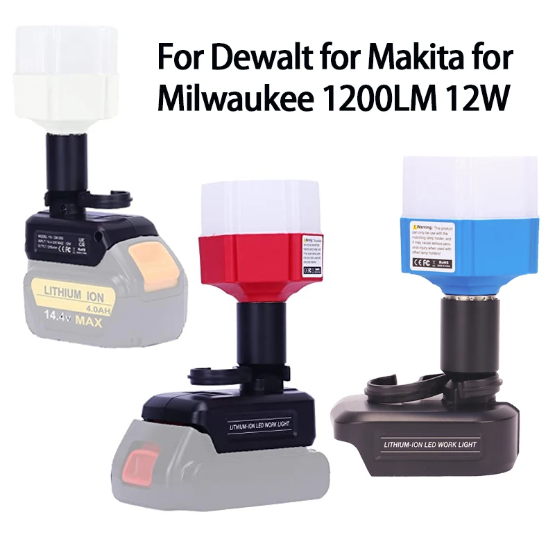 Untuk Dewalt/Makita/Milwaukee 1200LM lampu portabel baterai Li-ion lampu Desktop 12W cocok untuk berkemah di luar ruangan kerja dalam ruangan