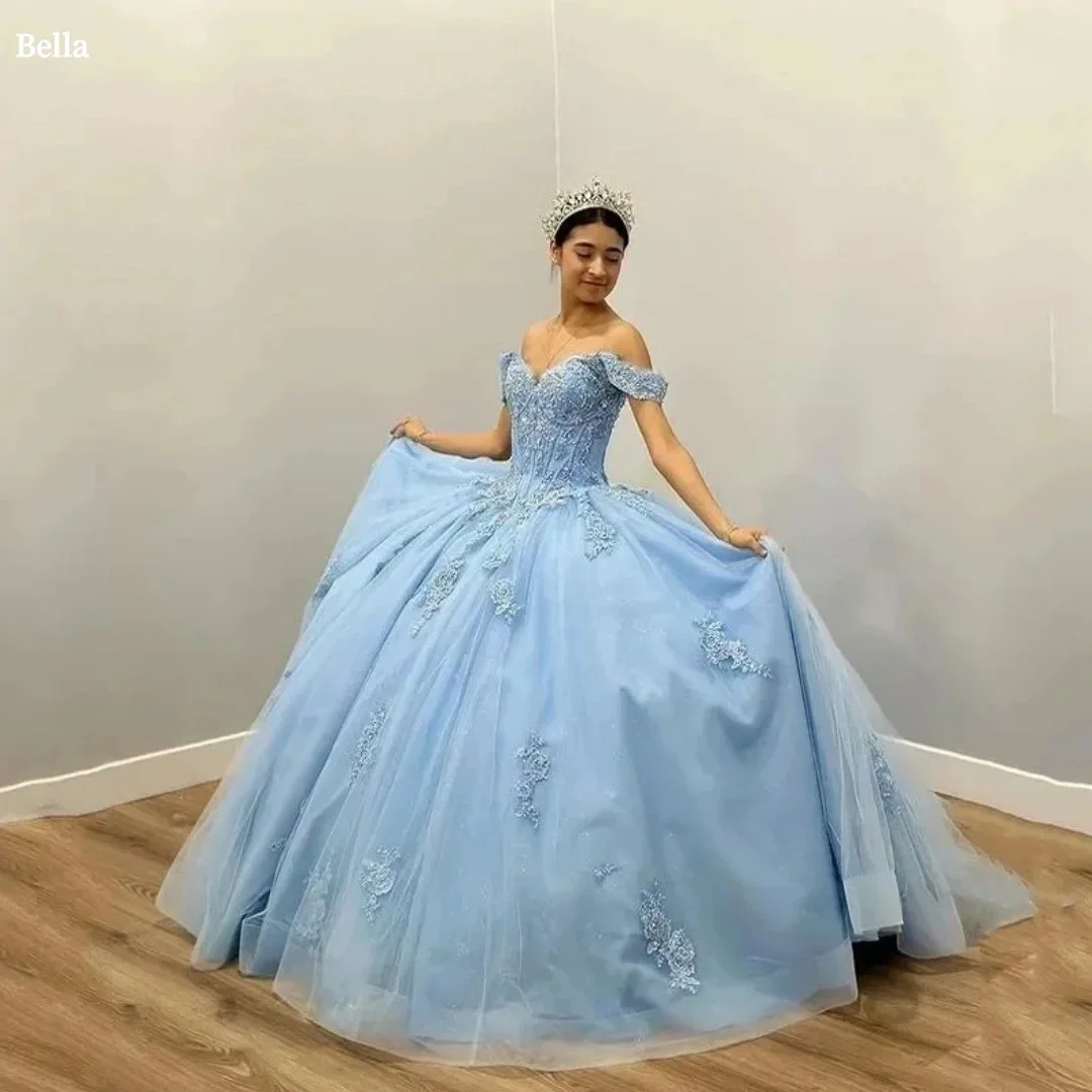 

Bella Customized Blue Flowers Embroidery One Shoulder robes de soirée Strapless Party Dresses A-line Floor-Length Prom Dress