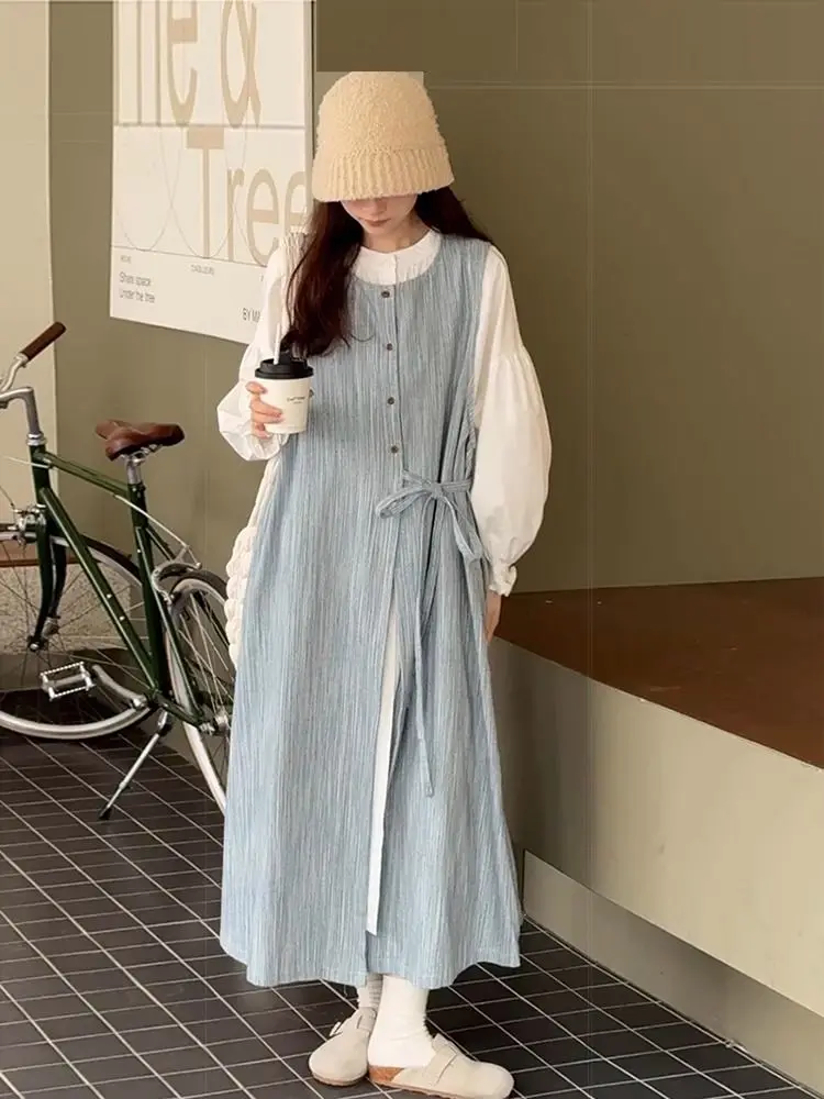 2024 Spring/Summer New Women's Dress Loose Commuter Leisure Vintage Lace Up Two Piece Dress Set