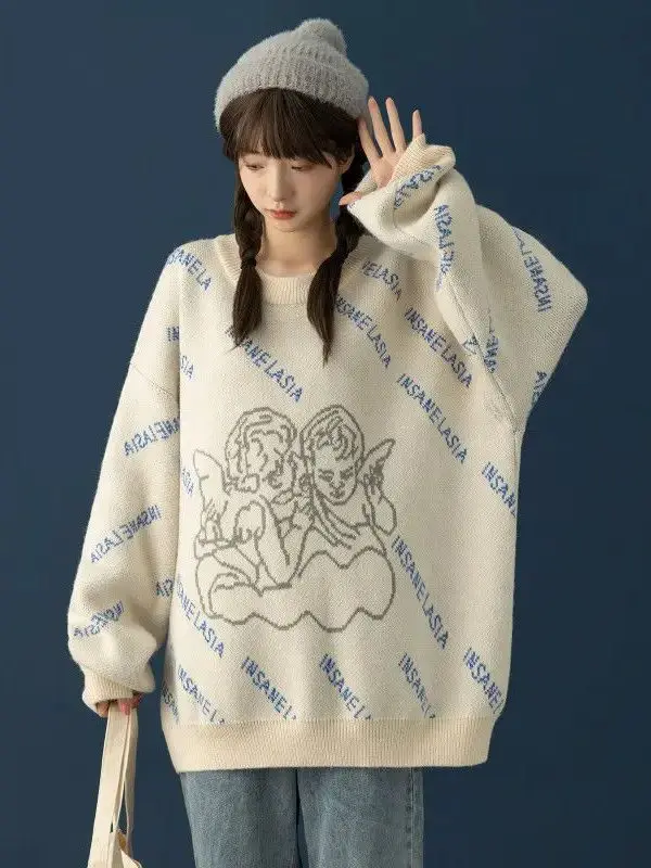 Y2K Harajuku Goth Angel Print Sweater Long Sleeve Jumper Oversize Knit Autumn Winter Sweater Casual Women Sweater