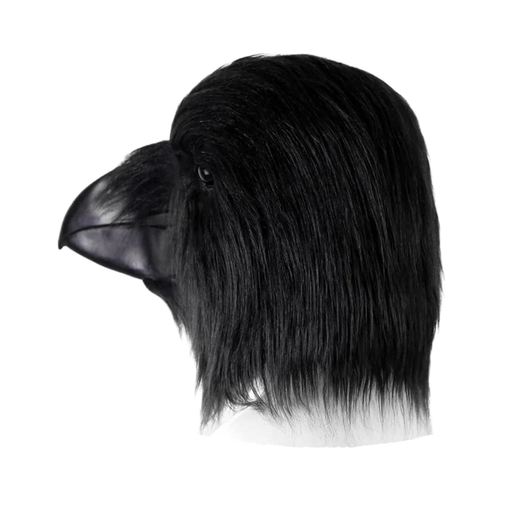 Realistische Schwarze Krähen-Latexmaske mit Fell, Vollkopf-Vogelmaske, Nachtigall für Halloween-Cosplay, Gotisches Raben-Kostümzubehör – Detail 1