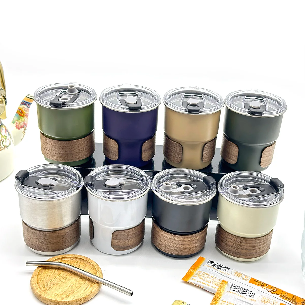 280ml Stainless Steel Coffee Cup with Straw And Lid Portable Outdoor Camping Thermos Beer Water Cup Set with Wooden Tray