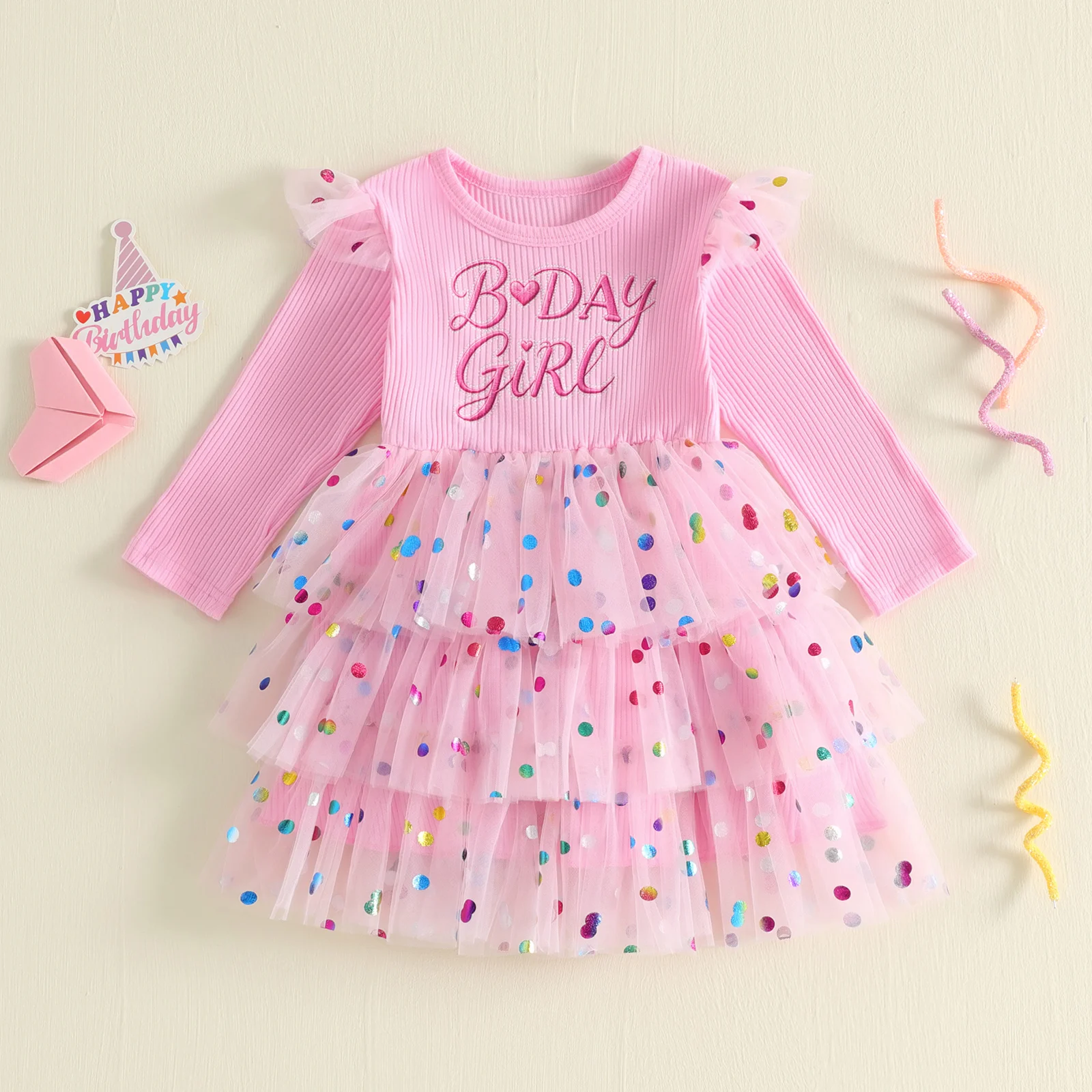 1-5Y Toddler Girl Birthday Party Dress Ruffle Long Sleeve Crew Neck Tiered Tutu Lace Princess Dresses