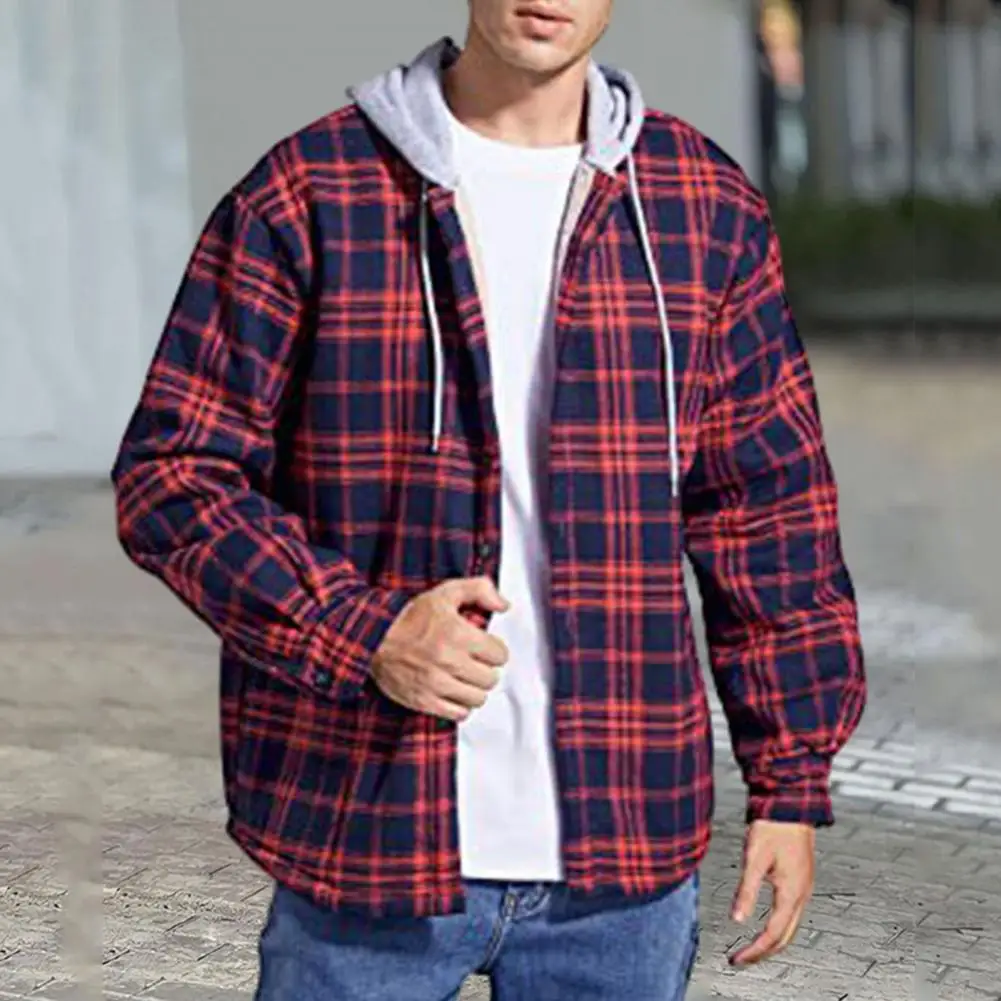 

Men Jacket Coat Autumn Winter Jacket Stylish Men's Plaid Pattern Cardigan Fleece Lined Hooded Coat with Drawstring Loose Fit