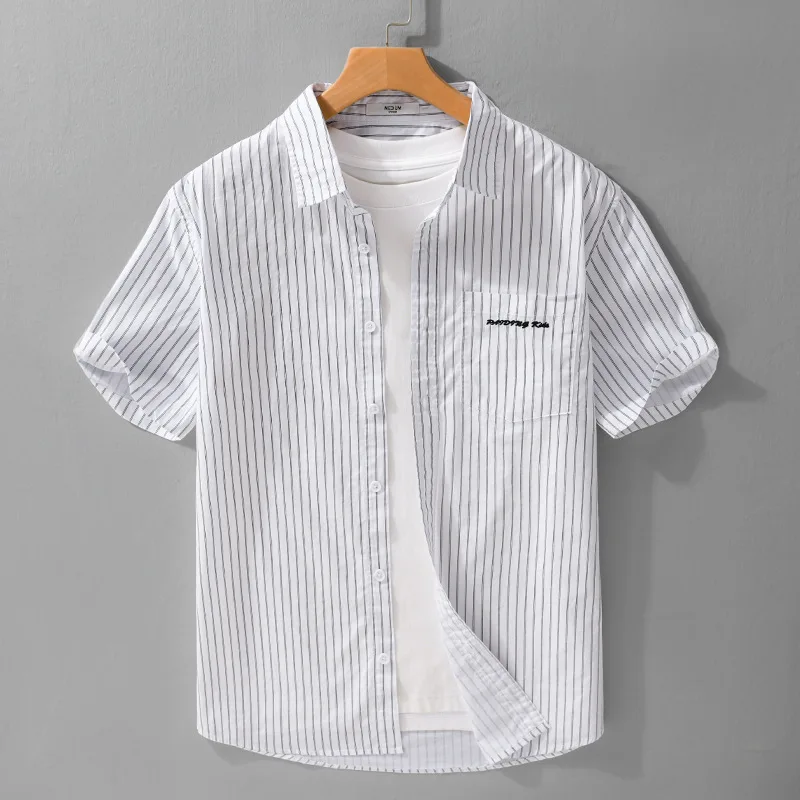 Summer men's trendy casual cool and refreshing Japanese style embroidered shirt with stripes and short sleeves lined with cedar