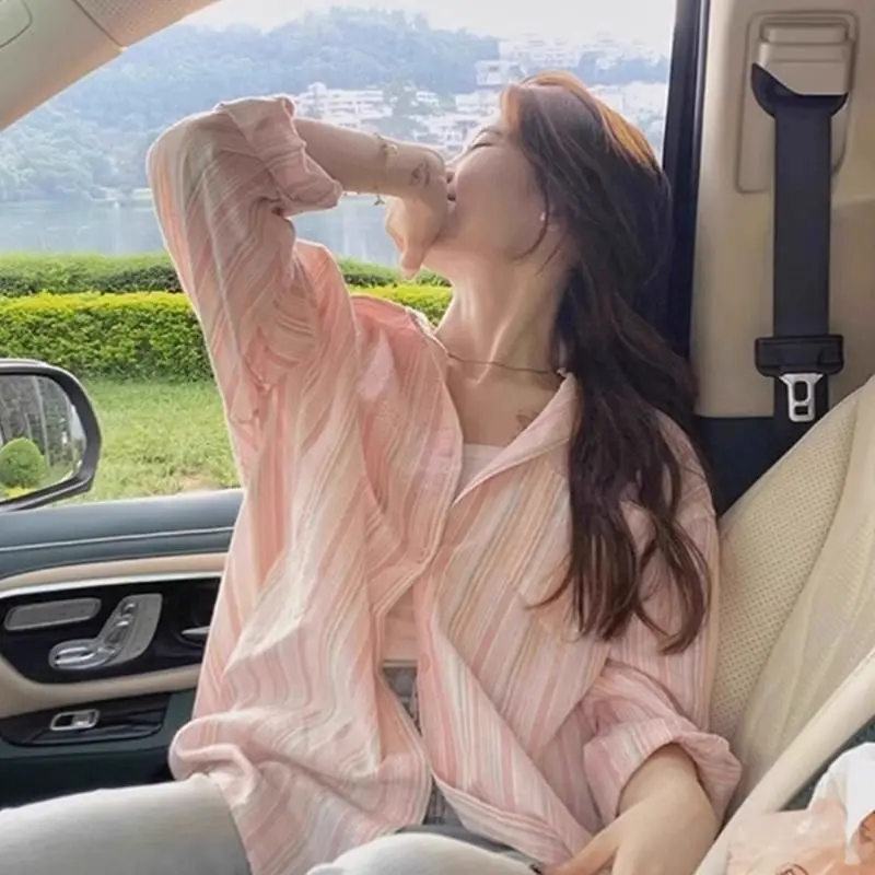 

Women Summer Simplicity Striped Polo Collar Long Sleeve Shirts Ladies Fashion Office Lady All-match Temperament Vacation Tops