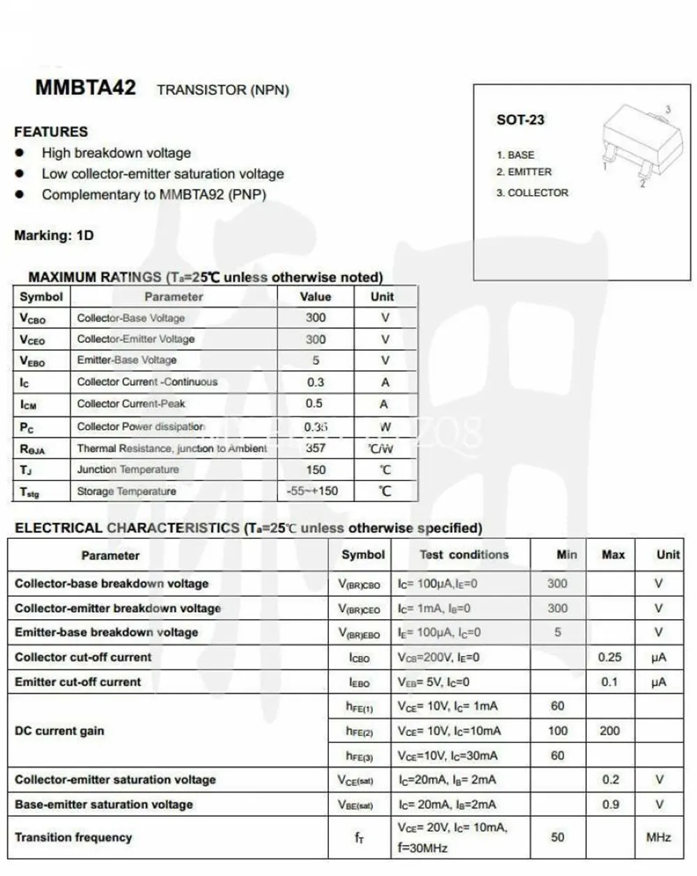 100 ชิ้น Mmbta42 1d 0.3a 300 โวลต์ Npn Sot-23 Smd ชิปทรานซิสเตอร์