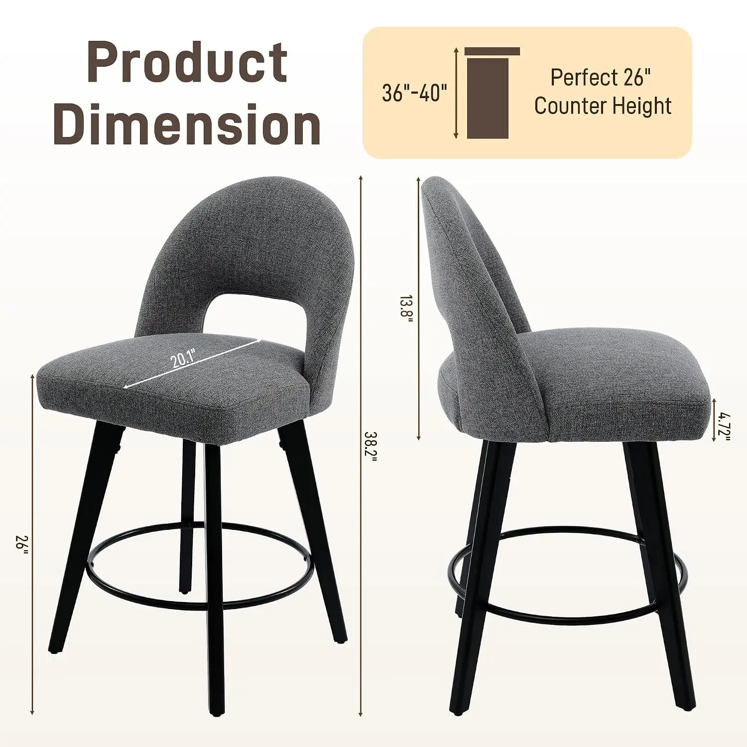 Swivel Bar Stools Set of 2, Upholstered Counter Height Chairs, Kitchen & Dining, 24-26 Inch, Customized