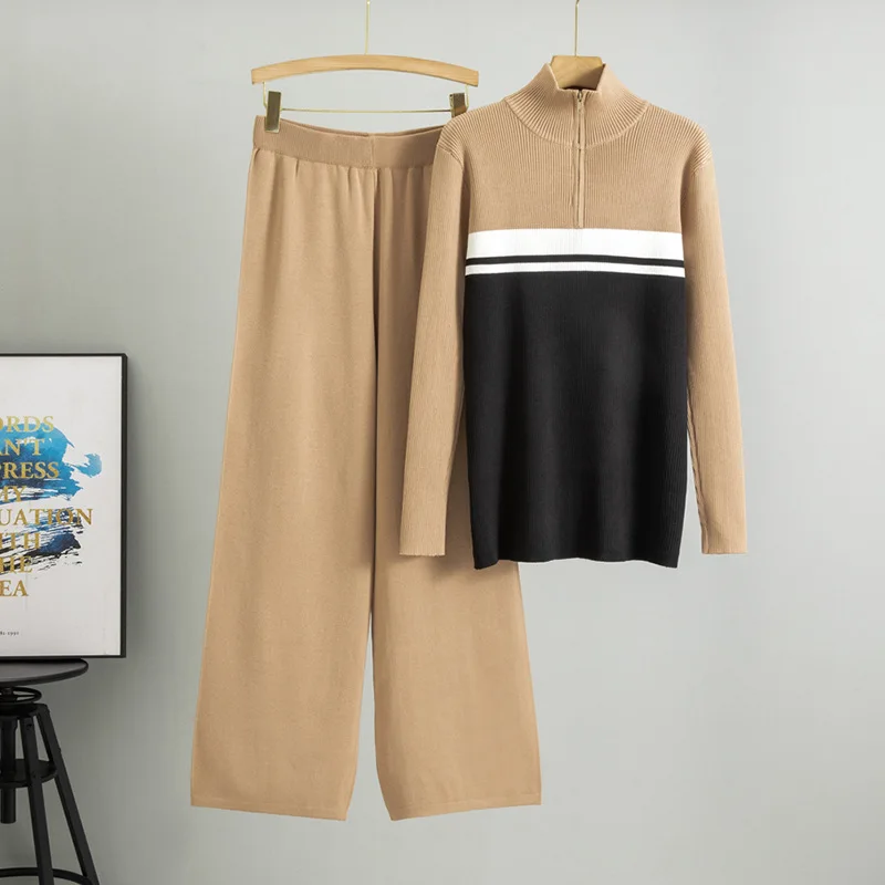 Abito musulmano in maglia da donna Set da due pezzi Pullover con cerniera collo alto Maglione lavorato a maglia Pantaloni a gamba larga Abiti Maglieria 2025 autunno