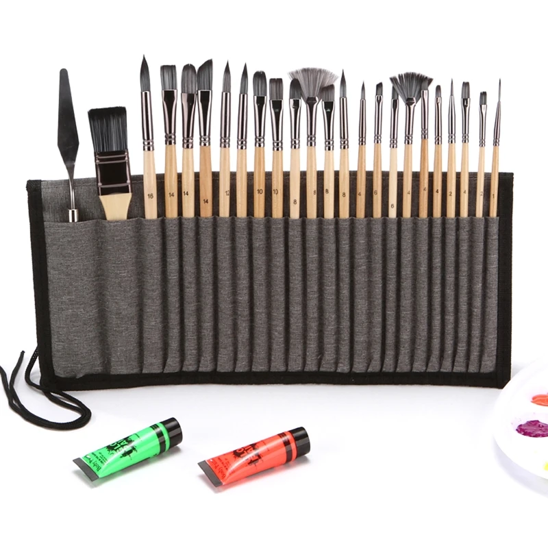 24Pcs Artists Paint Brush with Roll-up Bag Portable Art Set for Beginner Watercolor Acrylic Oil Painting Face Body Art