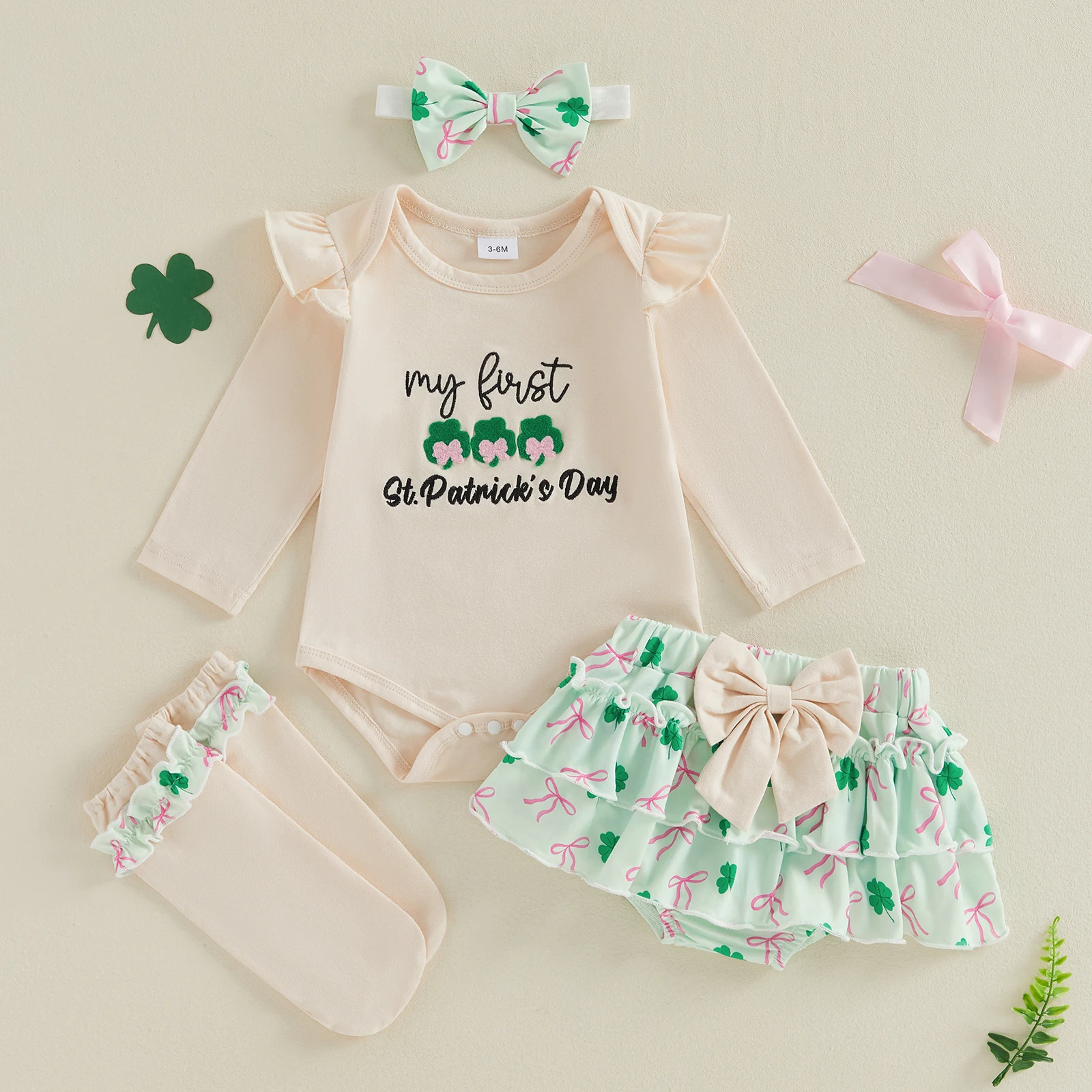 

Baby Girls Irish Festival Outfit Letter Shamrock Embroidery Long Sleeve Round Neck Jumpsuit Headband Short Ruffled Skirt Socks