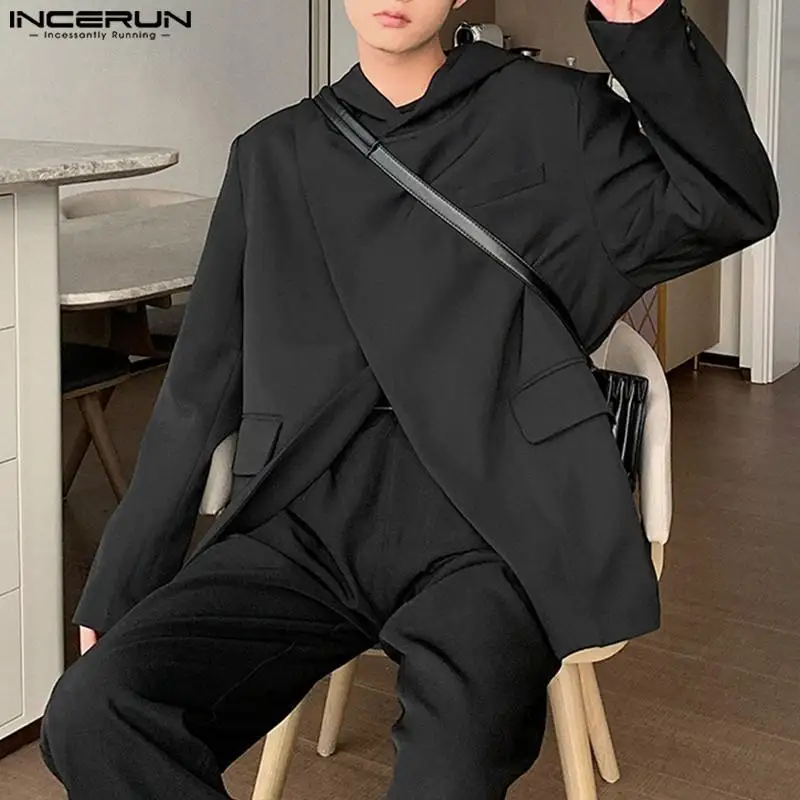 INCERUN Men Blazer Solid Color Hooded Loose Casual Suits Men Streetwear 2024 Fashion Leisure Male Coats S-5XL