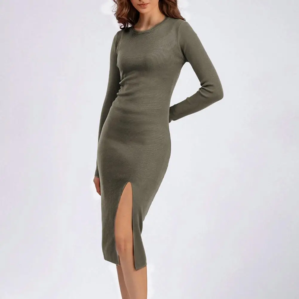 

Elegant Dress Autumn Winter New Slim Fit Knitted Dress Hem Round Neck Skinny Mid-calf Length Elastic Sheath Lady Midi Dress