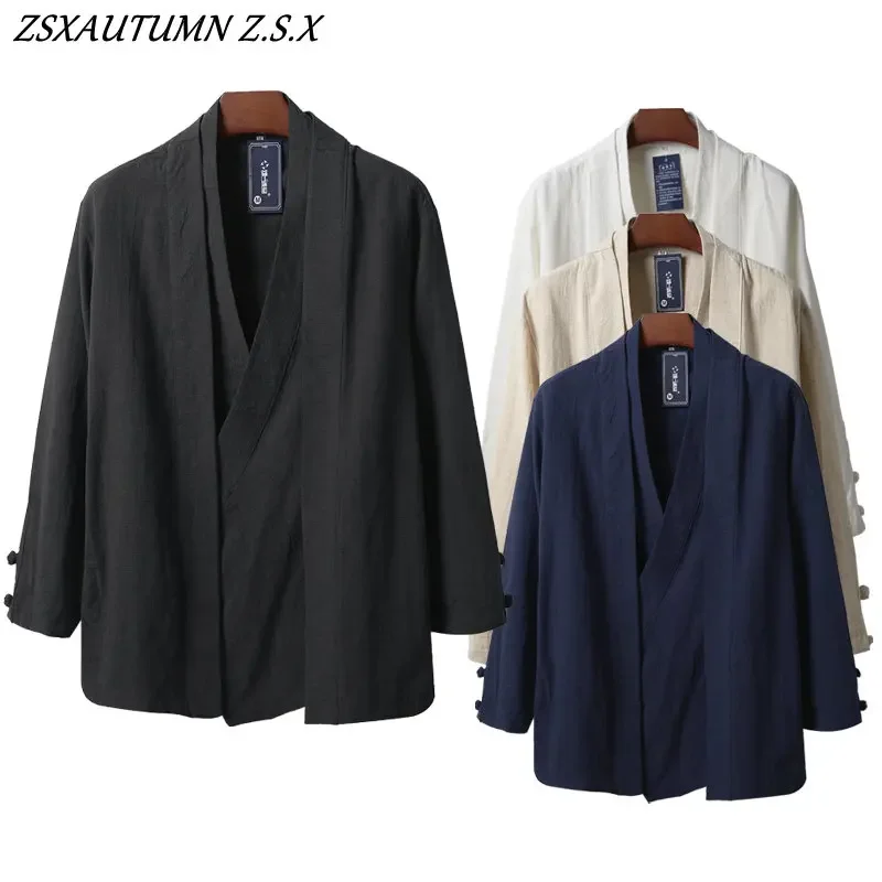 

Chinese Style Men Linen Hanfu Cardigan Tops Zea Tea Kung Fu Shirts Japanese Kimono Jackets Coats Robe Oriental Fashion Clothing