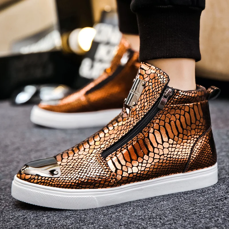 

Crocodile Design Original Men's Sneakers High Top Gold Casual Shoes for Men Zipper Comfortable Bright Sneakers Man Hip-Hop Shoes