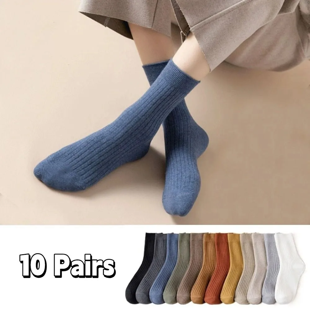10 pares de calcetines cómodos de Color sólido a media pantorrilla para mujer, calcetines de negocios simples y transpirables, calcetines de tubo de otoño a rayas suaves para uso diario