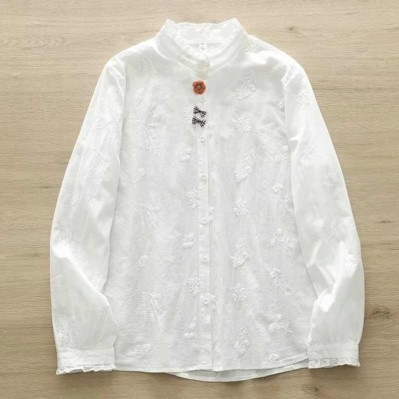 Primavera outono bordado estereoscópico arco camisa roupas femininas algodão branco gola manga comprida camisas e blusas doces u266
