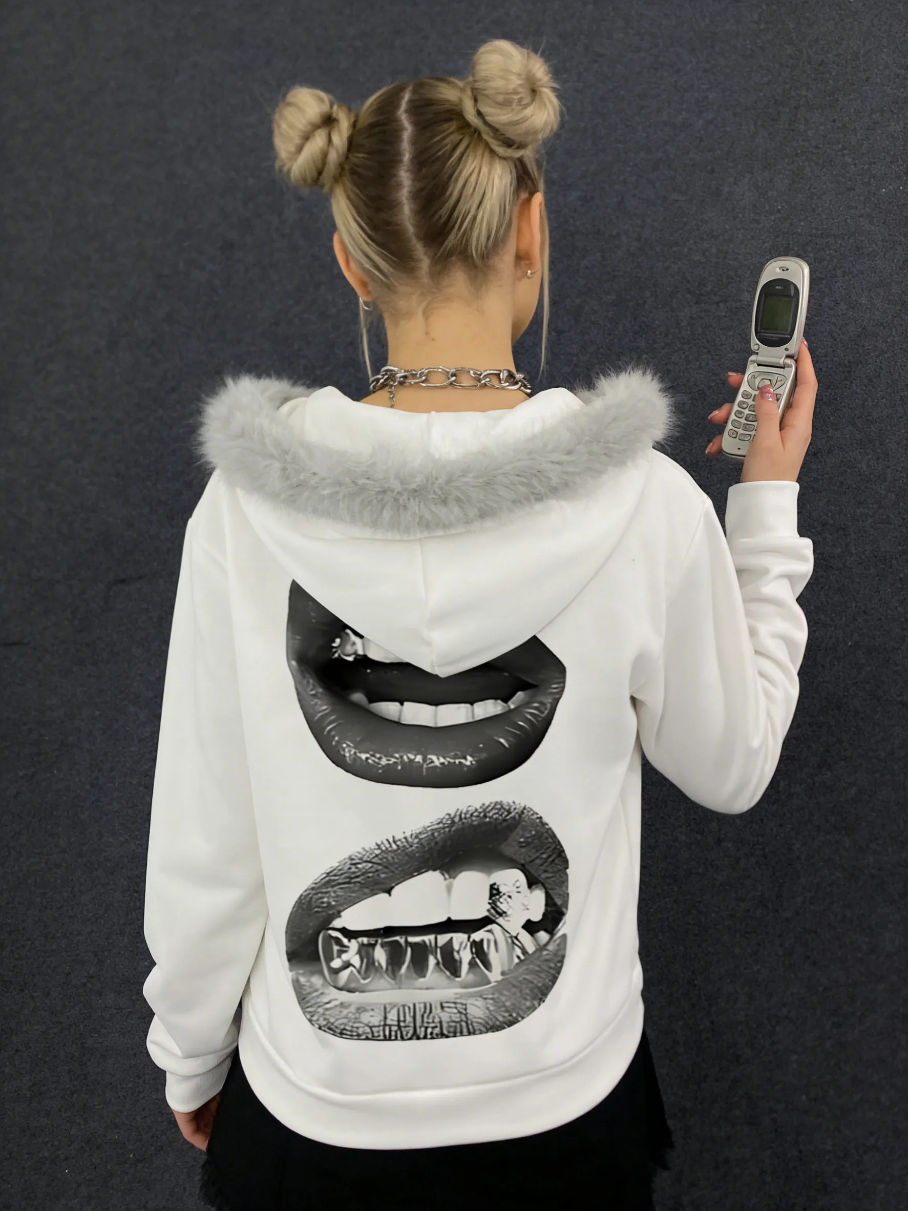 سترة نسائية بغطاء للرأس بسحاب من الفرو الأبيض - سترة "HOT GIRL" مطبوعة برسومات وشفاه Y2K سترة غير رسمية لربيع الخريف #2