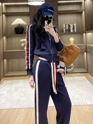 New Red Women's Casual Set Fashionable Youth Sports Casual Zipper Blue Long Sleeve Coat Two Piece Set Long Pants Boyfriend 2XL