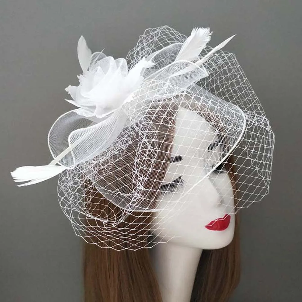 Vintage Feather Mesh Fascinator Hat Bow Elegant Veil Hat Headwear Sweet Hair Hoop Bride Headband Cocktail Party