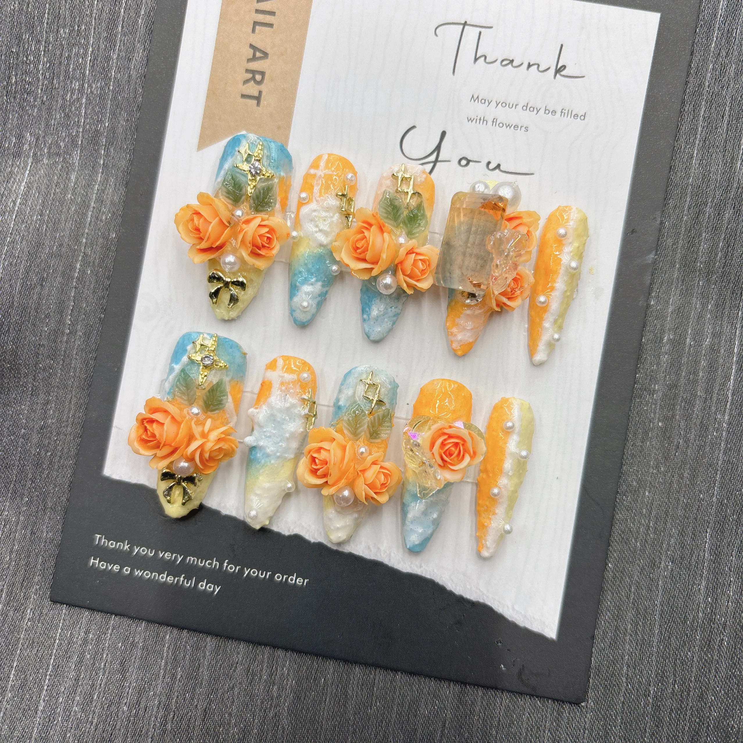 

Sunset Rose 3D Press On Nails Resin Flower Pearl Gold Star Orange Blue Gradient 3D Rose Bow Design e Bow Design