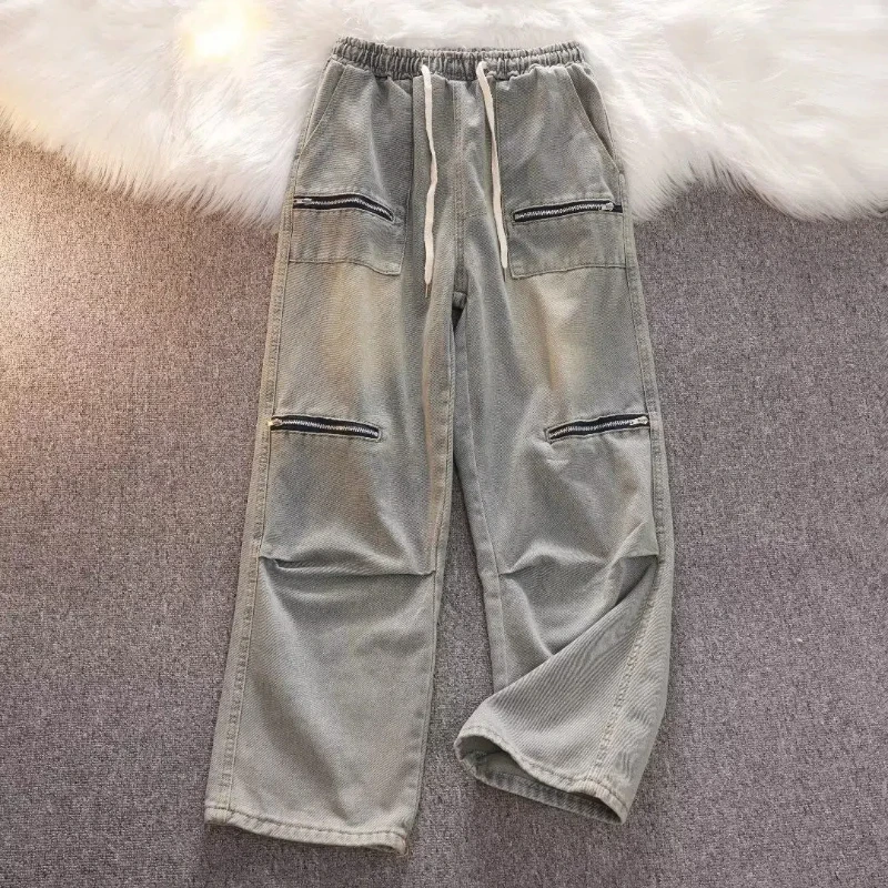 Spring Autumn New Fashion Elastic Waist Drawstring Tie Dye Jeans Men's Clothing Korean Vintage Pocket Trend Chic Straight Pants