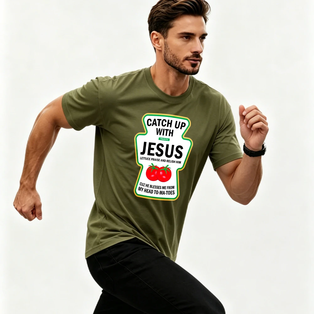 Catch Up with Jesus Ketchup Bottle Tomato Pun Graphic Men's Classic Short Sleeve T-Shirt Funny Christian Faith Religious Tee