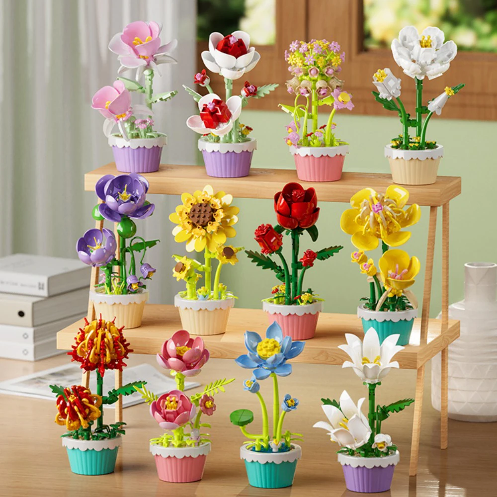 12-teiliges Baustein-Set Mini-Blumen-Spielzeug DIY Botanik-Kollektion Künstliche Blumen mit Töpfen Bastelset für Heim- und Bürodekoration – Detail 3