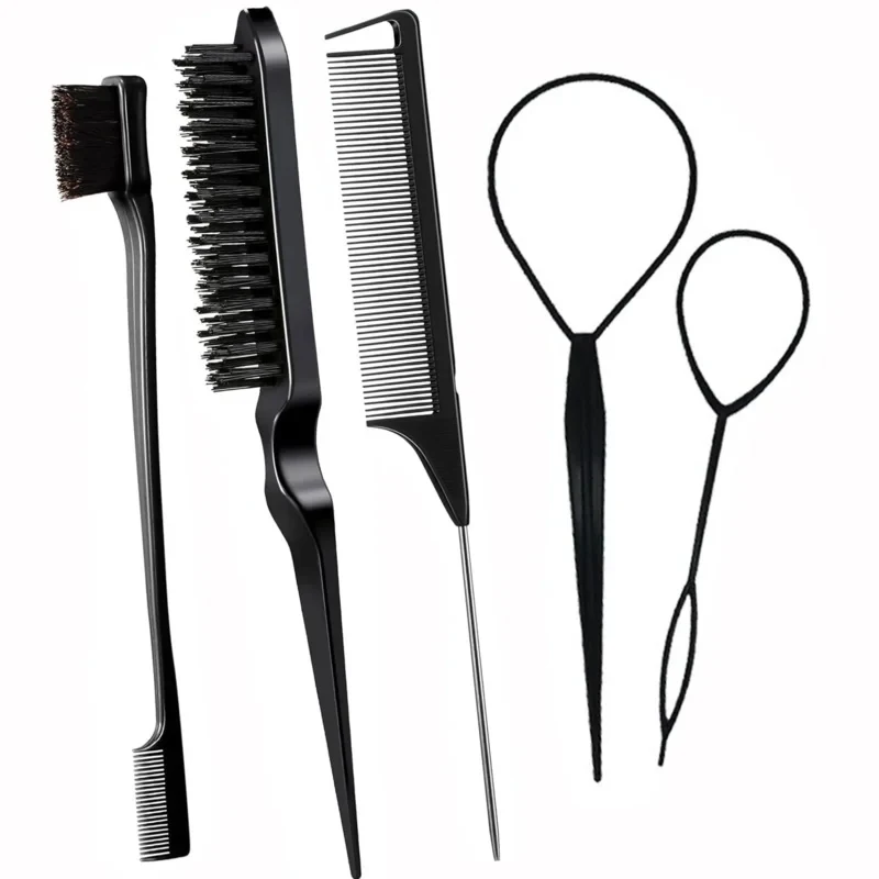 Juego de 5 peines de peluquería: Peine de cola puntiaguda, cepillo de cejas de doble cabezal, peine rizador de triple fila, herramientas de estilismo para salón
