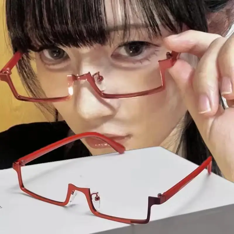 Y2K Japanese Anime Glasses Frame Small Square Cosplay Red Half-Frame Glasses No Lenses Fashion Metal Rectangular Eyeglasses