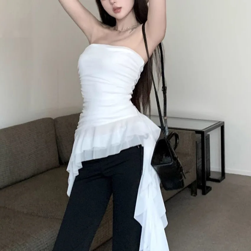 Gilet senza spalline con atmosfera arricciata irregolare per donna Top avvolto in nastro di nicchia