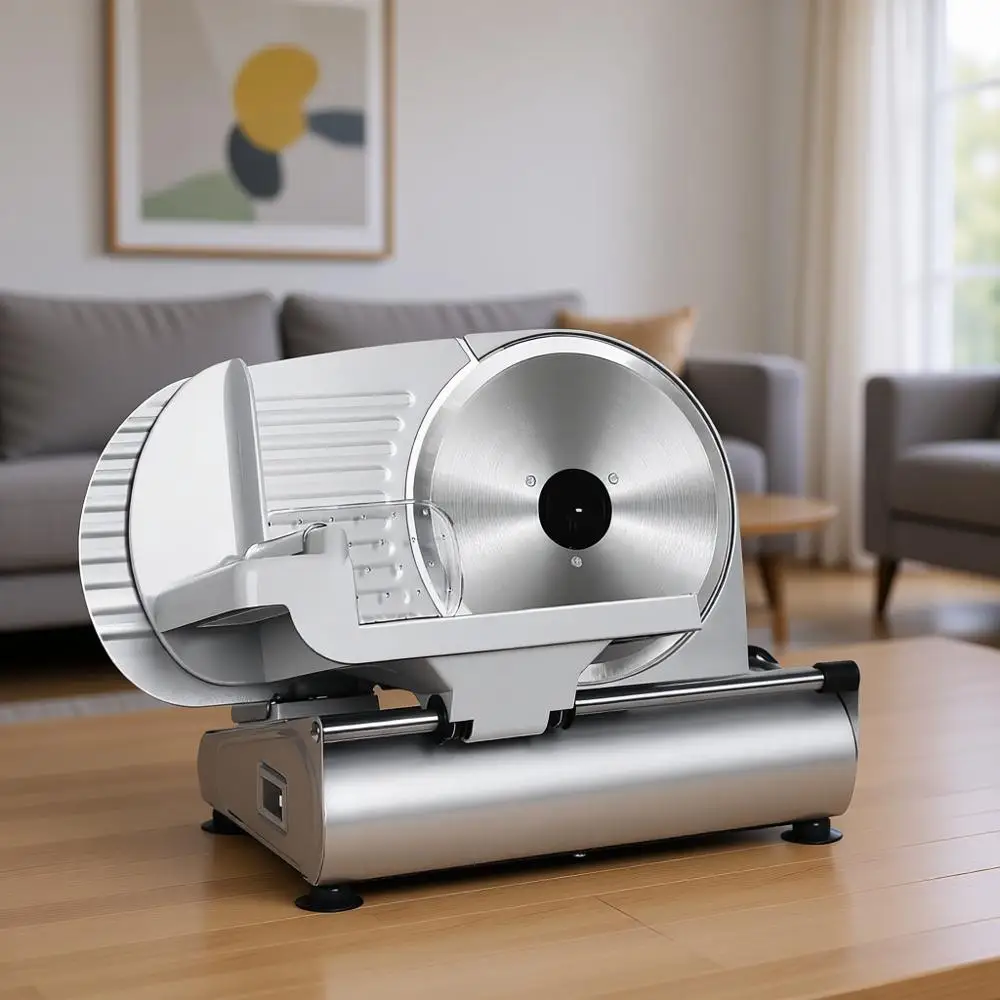 

Electric Food Slicer with Removable 9 Stainless Steel Blade, Adjustable Thickness, Food Carriage & Non-Slip Feet