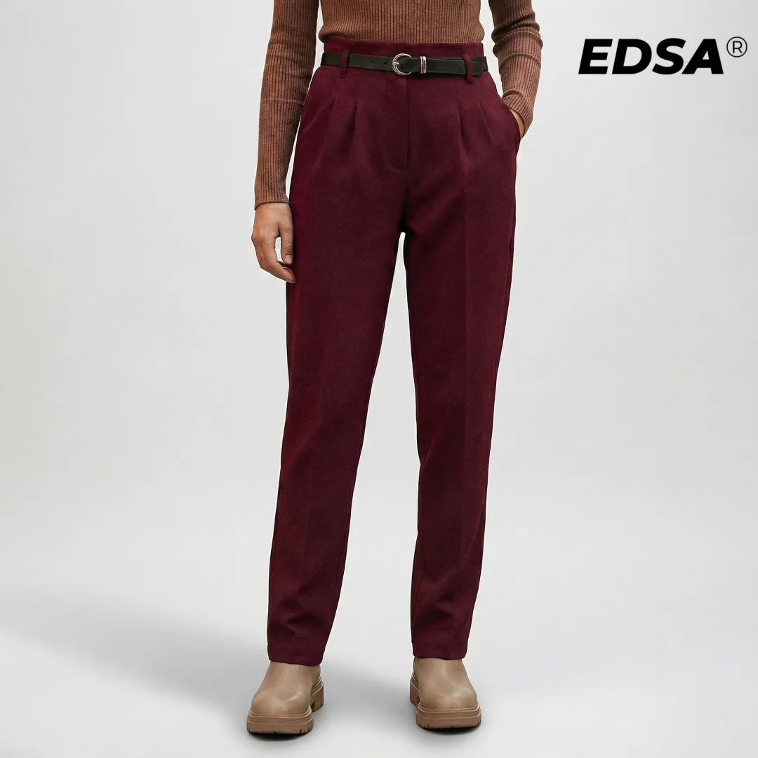 EDSA Women Fitted High Waist Trousers with Belt Straight Leg Long Pants for Office Lady Streetwear