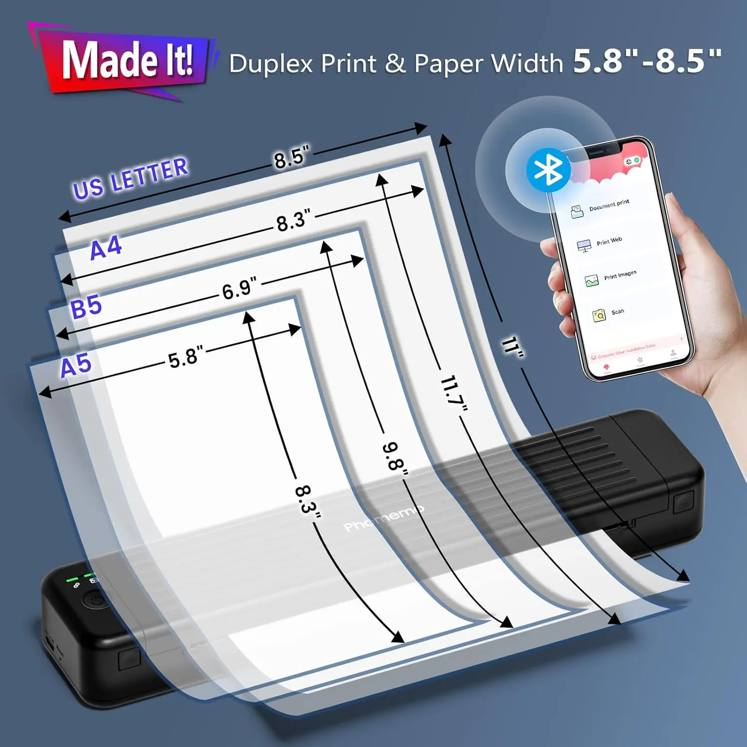 Bluetooth Portable Printers Wireless P831 Inkless Printer Portable Thermal Transfer Printer Support A4/A5/B5 Plain/Thermal Paper