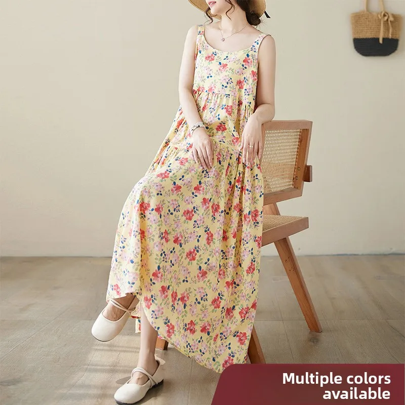 

Cotton Linen Print Splicing Long Dr Strapl Loose Slimming Maxi Cake Skirt A-Line Skirt Commute Sle Summer Casual Wear