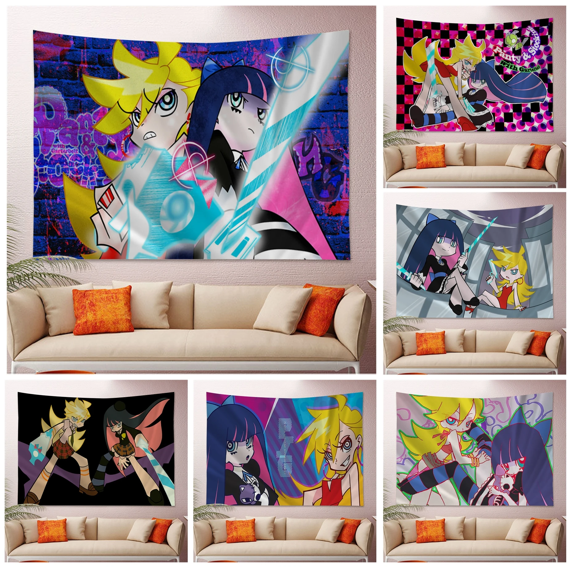 

Panty And Stocking With Garterbelt Colorful Tapestry Wall Hanging Hanging Tarot Hippie Wall Rugs Dorm Japanese Tapestry