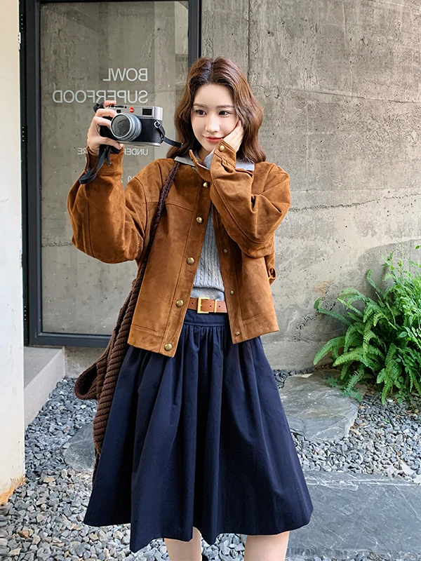 

Женское пальто из оленьей кожи Browan, вельветовое, с круглым вырезом, весна-осень 2025, новинка, повседневное, приталенное, с длинными рукавами, на пуговицах