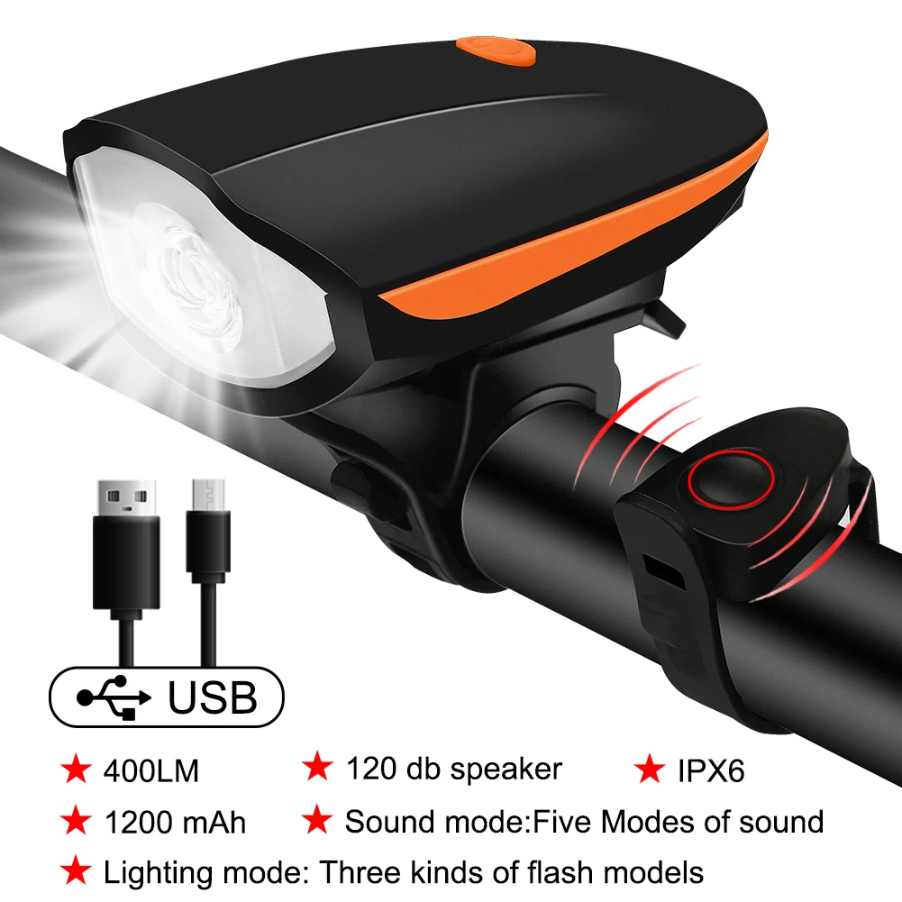 Bicycle Front Light with Electric Loud Horn Waterproof Bike Headlight USB Rechargeable Cycling Flashlight Tactical Torch Lantern