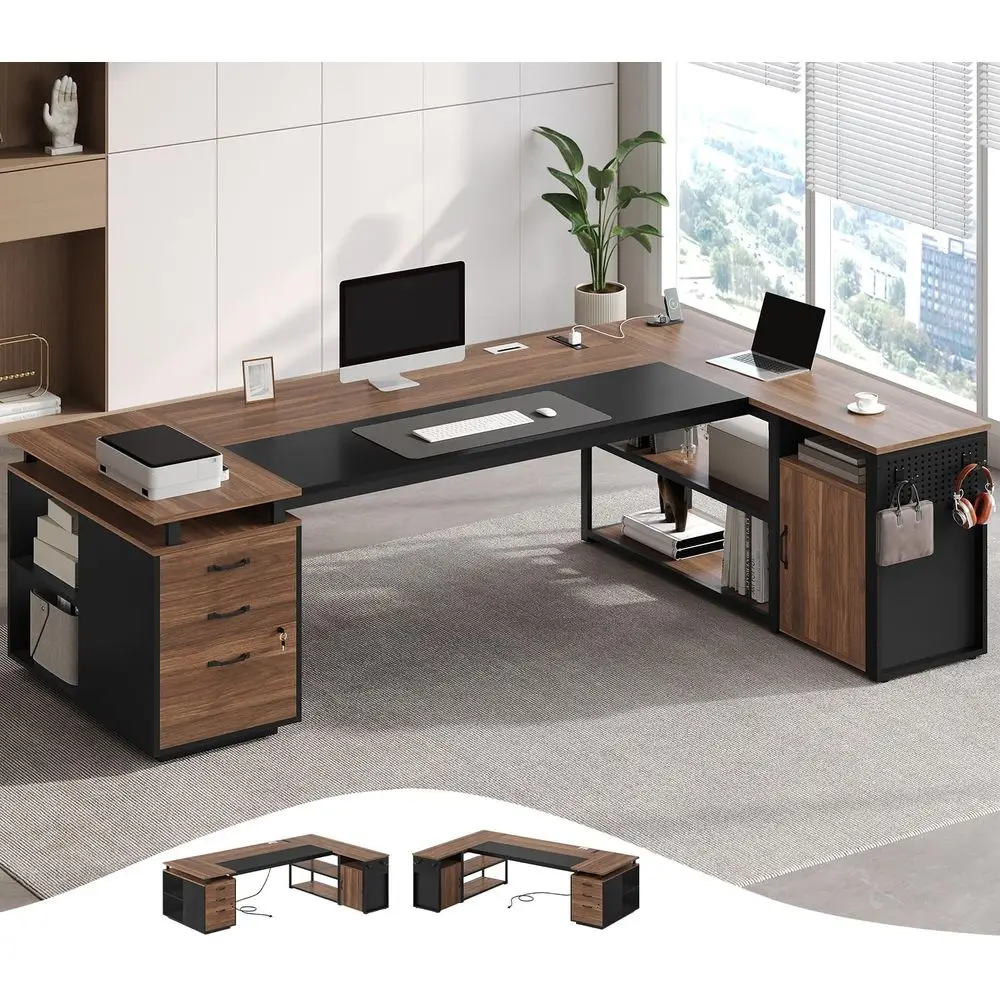 

78-inch L-Shaped Executive Desk with Lockable File Cabinet, Power Outlets, Drawers, and Storage Shelves in Walnut Finish